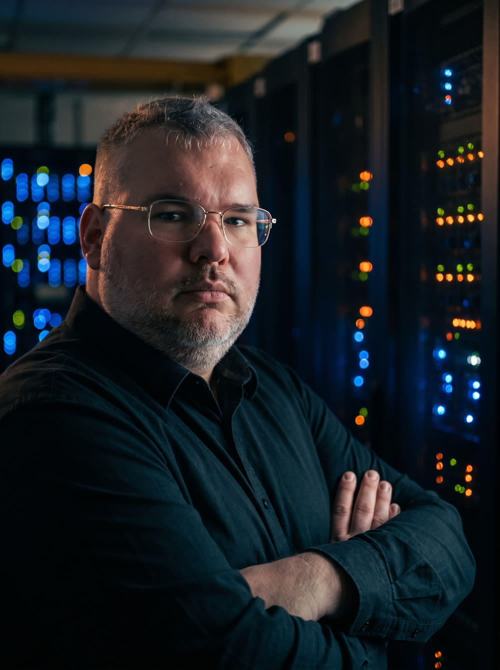 KI-generiertes Porträt: Florian als Consultant im Serverraum