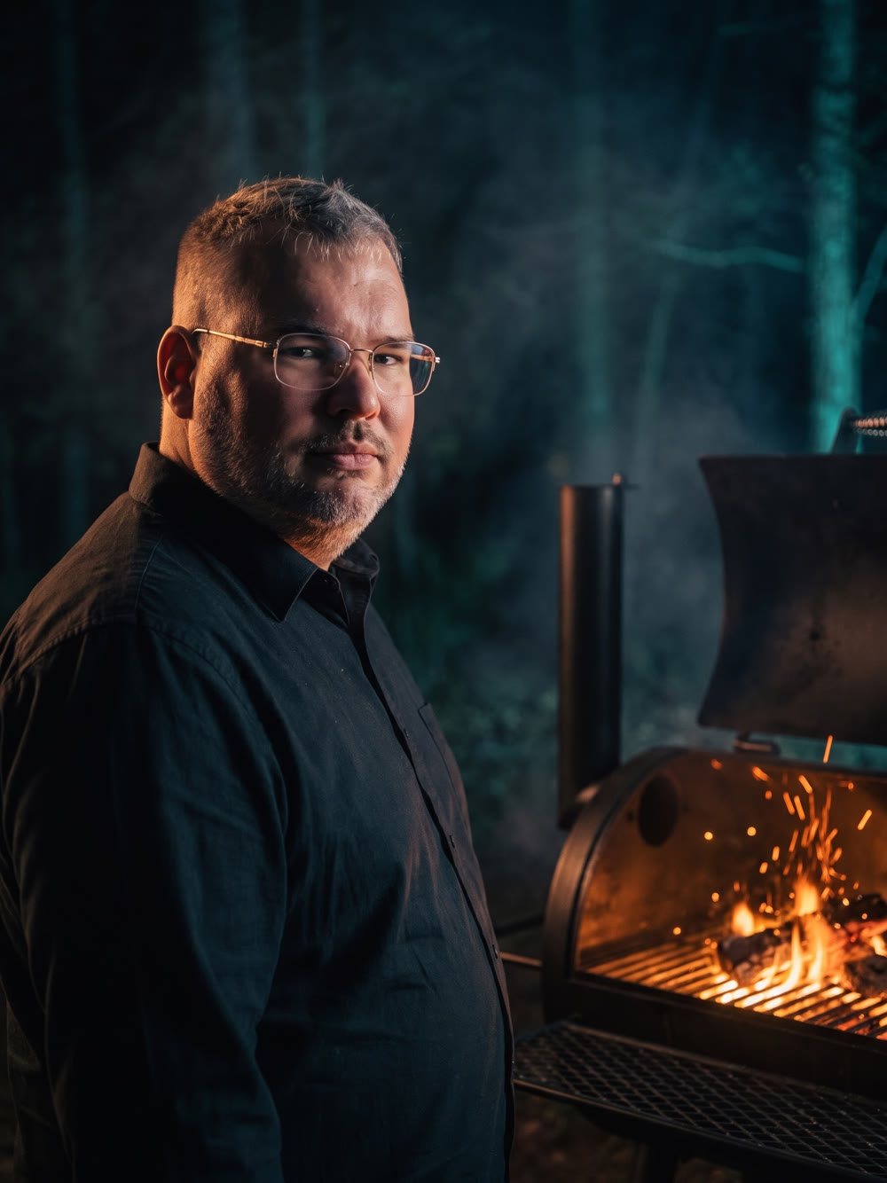 KI-generiertes Porträt: Florian als Grillmeister an der Glut